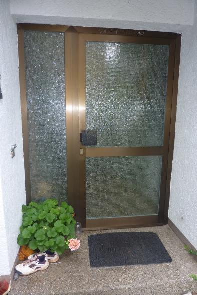 Haustür braun-metallic mit zwei großen Lichtausschnitten und Glas-Seitenteil 